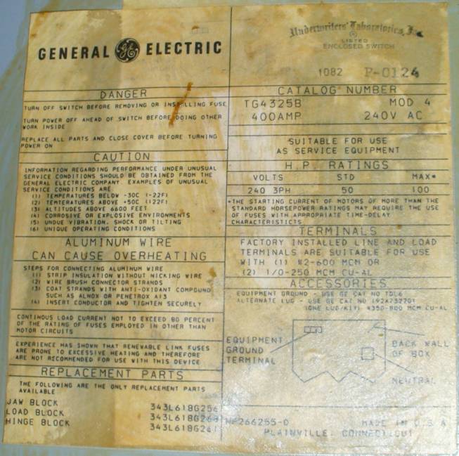 Click to see larger image - General Electric 400 Amp Fusible Safety Disconnect Switch TG4325B