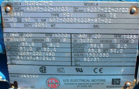 Click to see larger image - US Electrical Motors 20 HP 1455-1770 RPM 50-60 Hertz AC Induction Motor